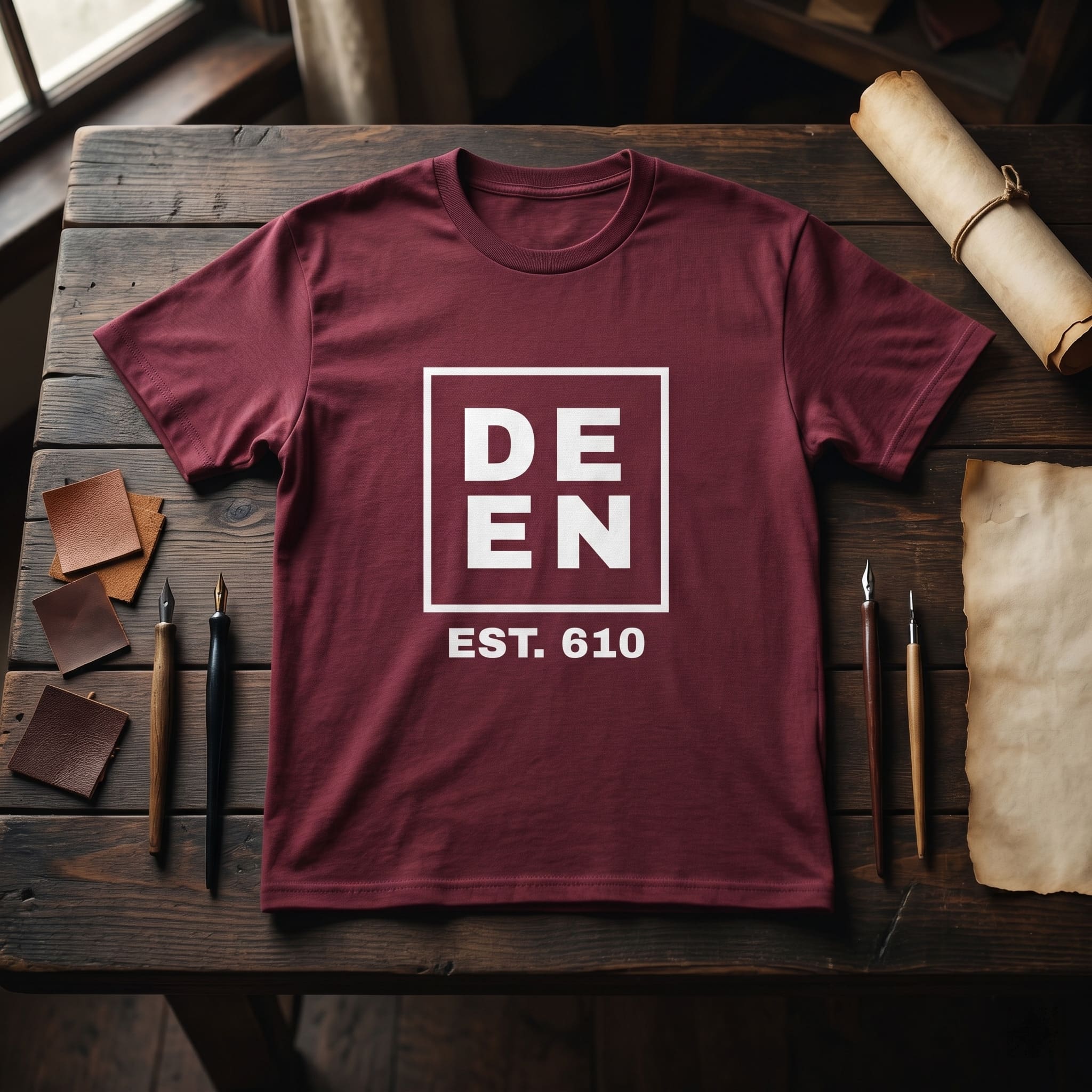 Maroon t-shirt with 'DEEN EST. 610' print on a wooden table with writing utensils and leather pieces.